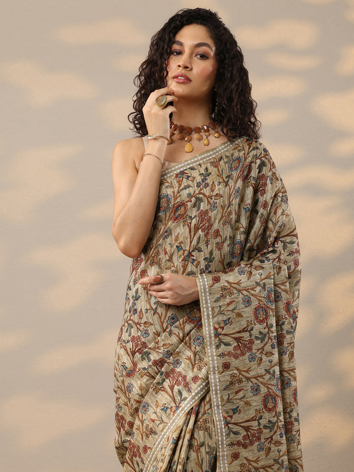 Beige Printed Silk Blend Saree With Unstitched Blouse Piece