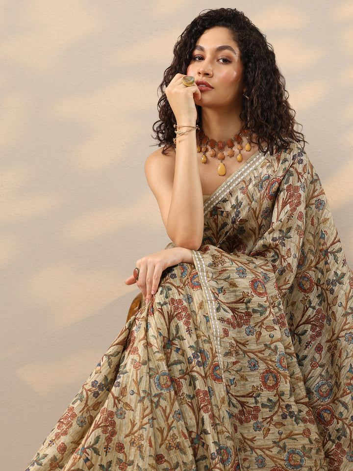 Beige Printed Silk Blend Saree With Unstitched Blouse Piece