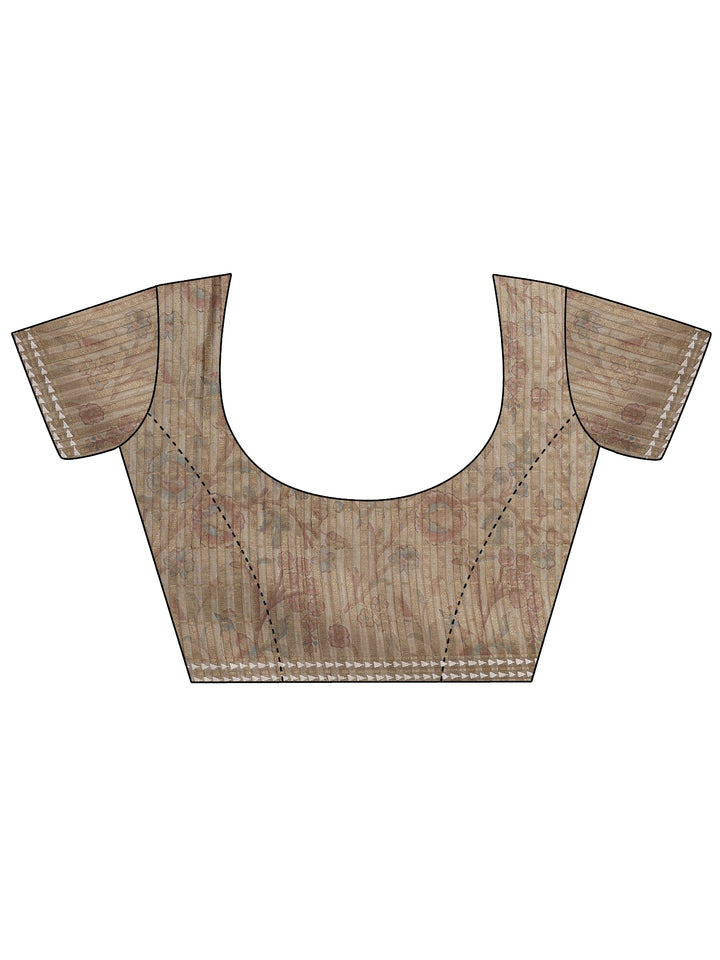 Beige Printed Silk Blend Saree With Unstitched Blouse Piece