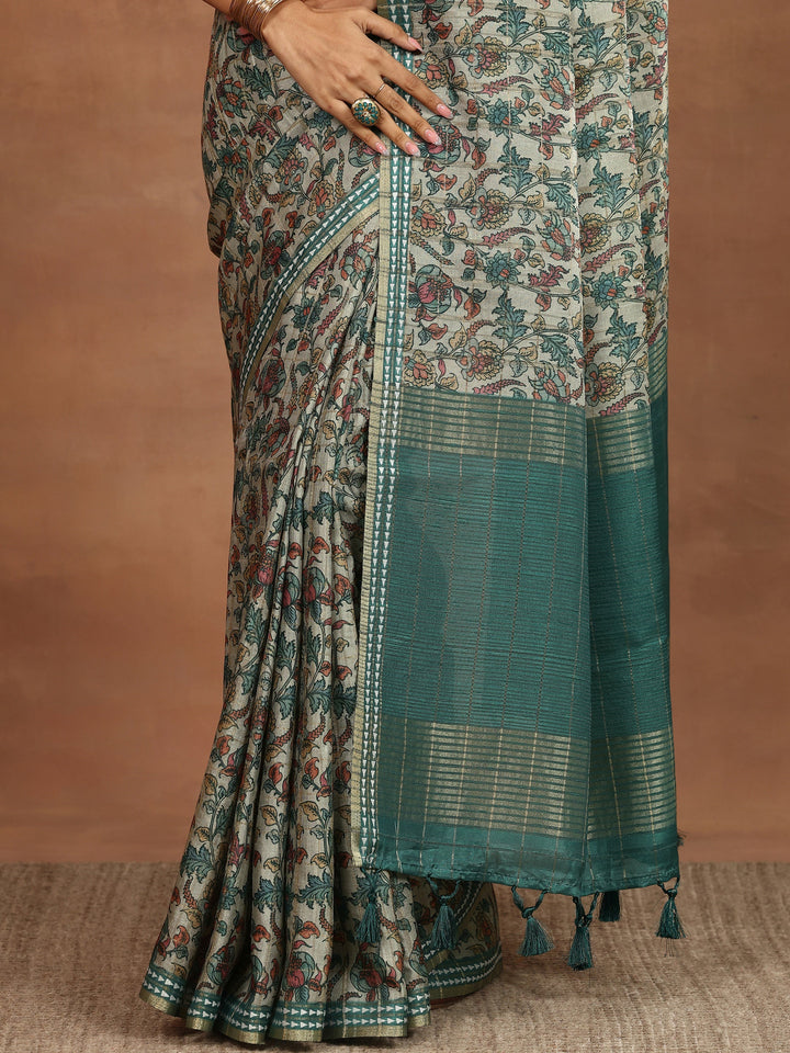 Green Printed Silk Blend Sarees With Unstitched Blouse Piece