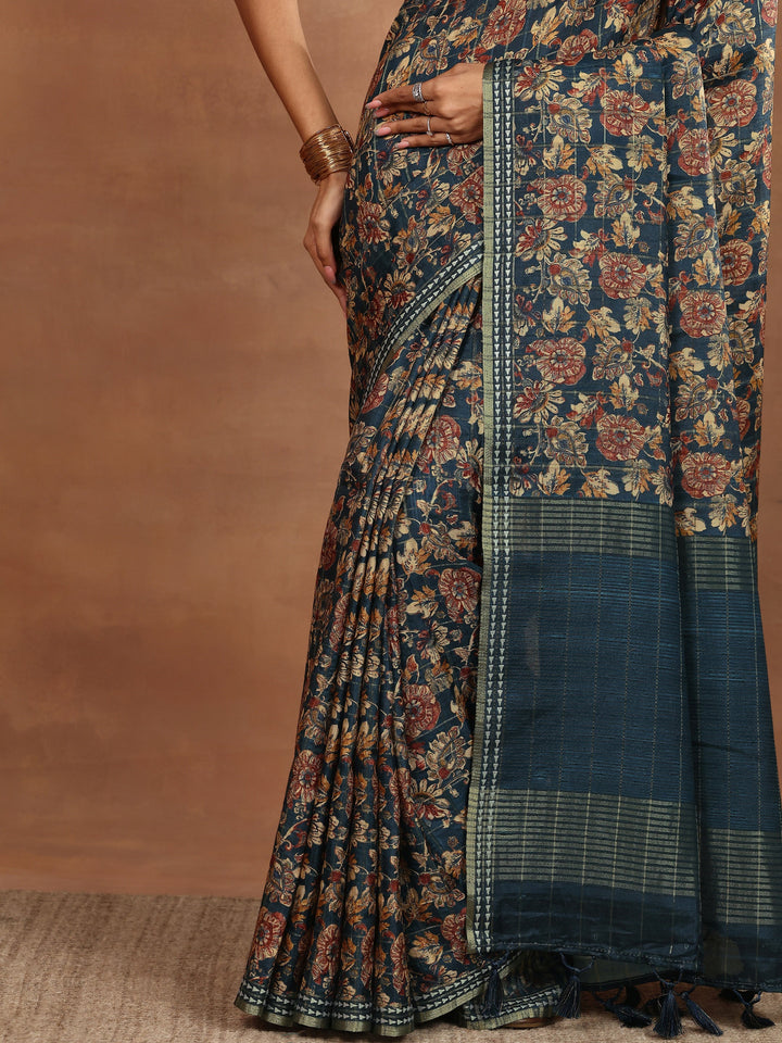Teal Printed Silk Blend Sarees With Unstitched Blouse Piece