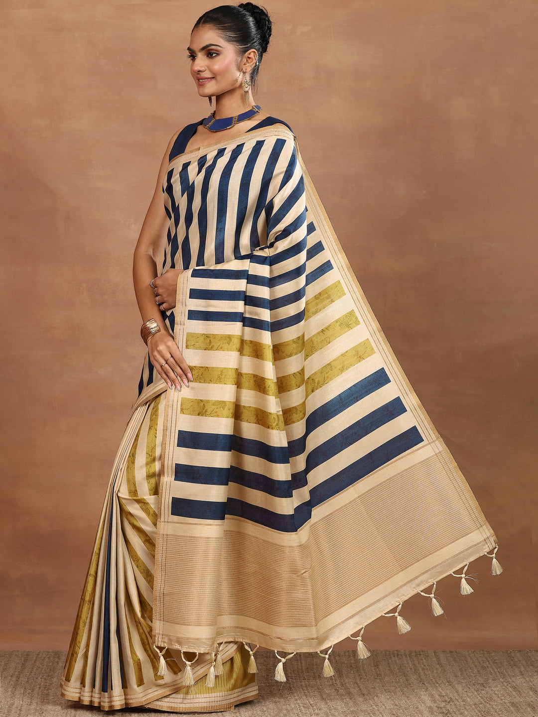 Beige Printed Silk Blend Sarees With Unstitched Blouse Piece