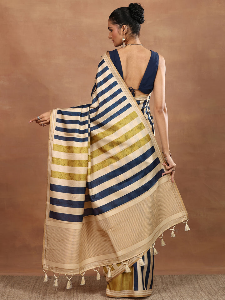 Beige Printed Silk Blend Sarees With Unstitched Blouse Piece