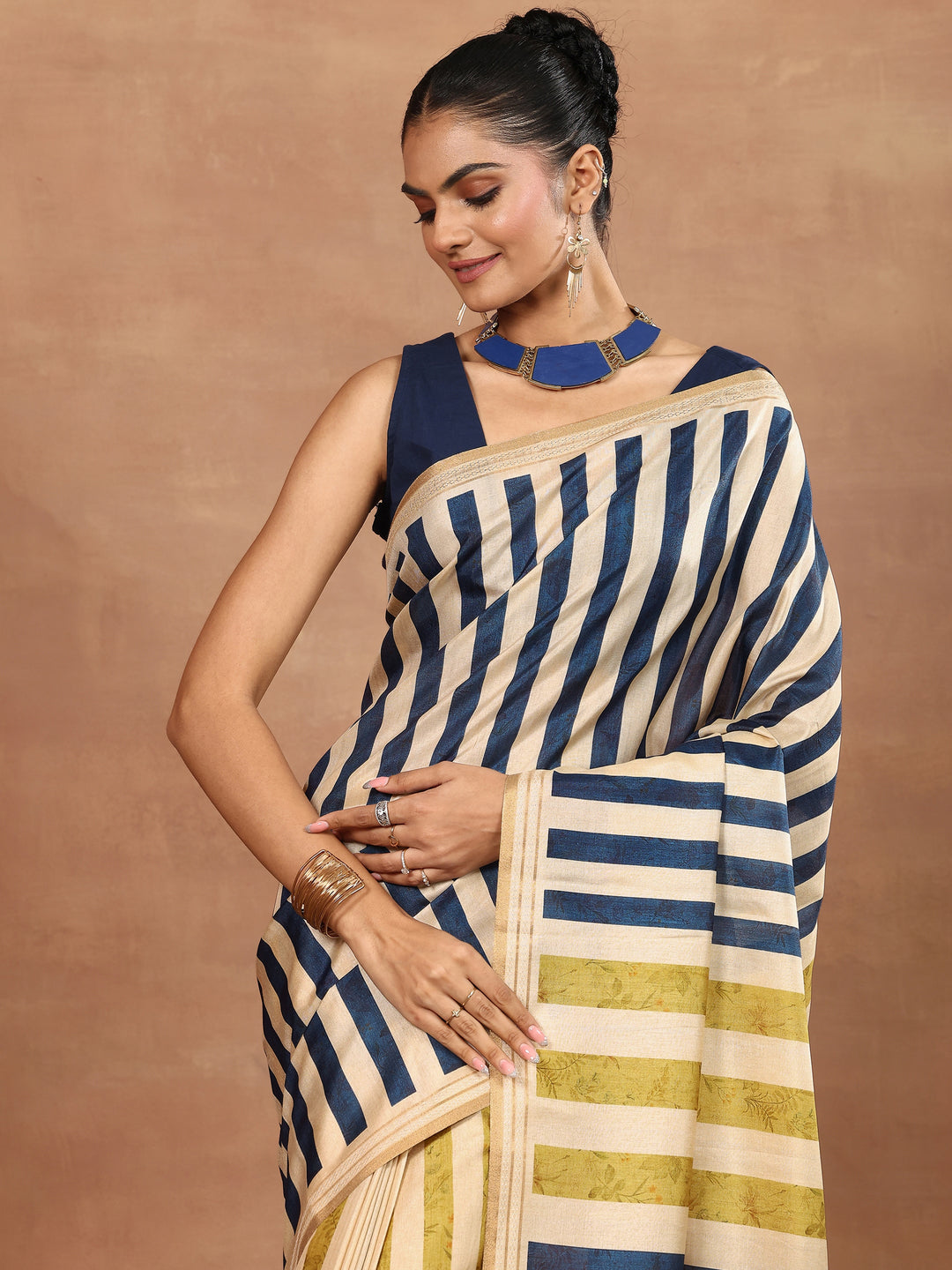 Beige Printed Silk Blend Sarees With Unstitched Blouse Piece