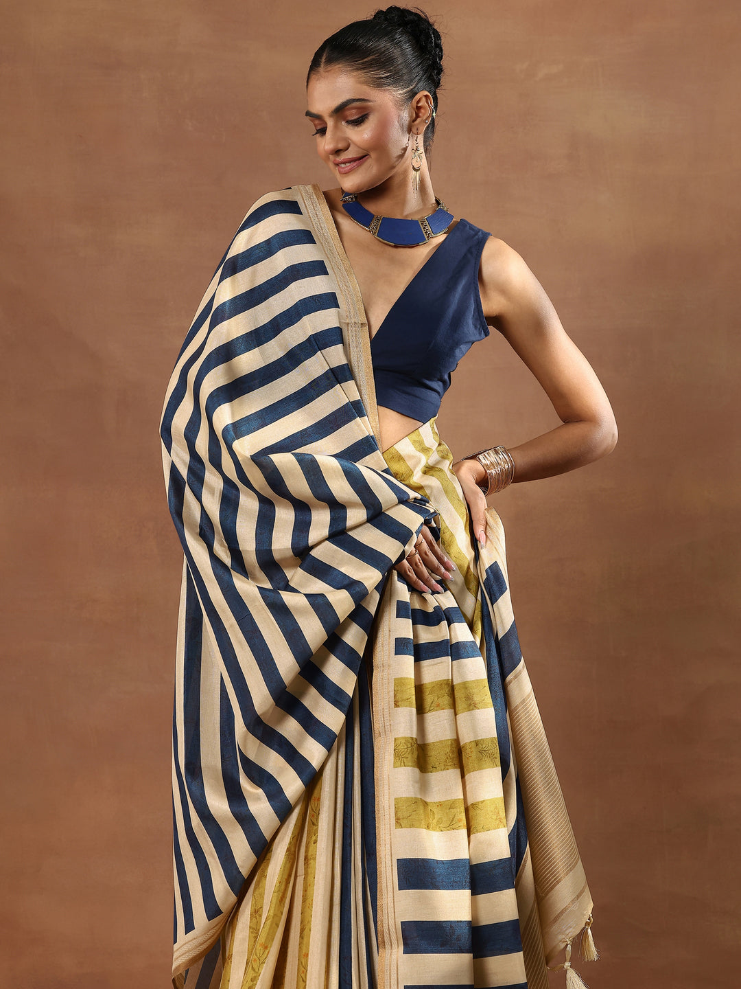 Beige Printed Silk Blend Sarees With Unstitched Blouse Piece