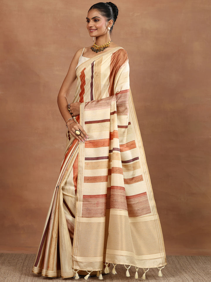 Beige Printed Silk Blend Sarees With Unstitched Blouse Piece