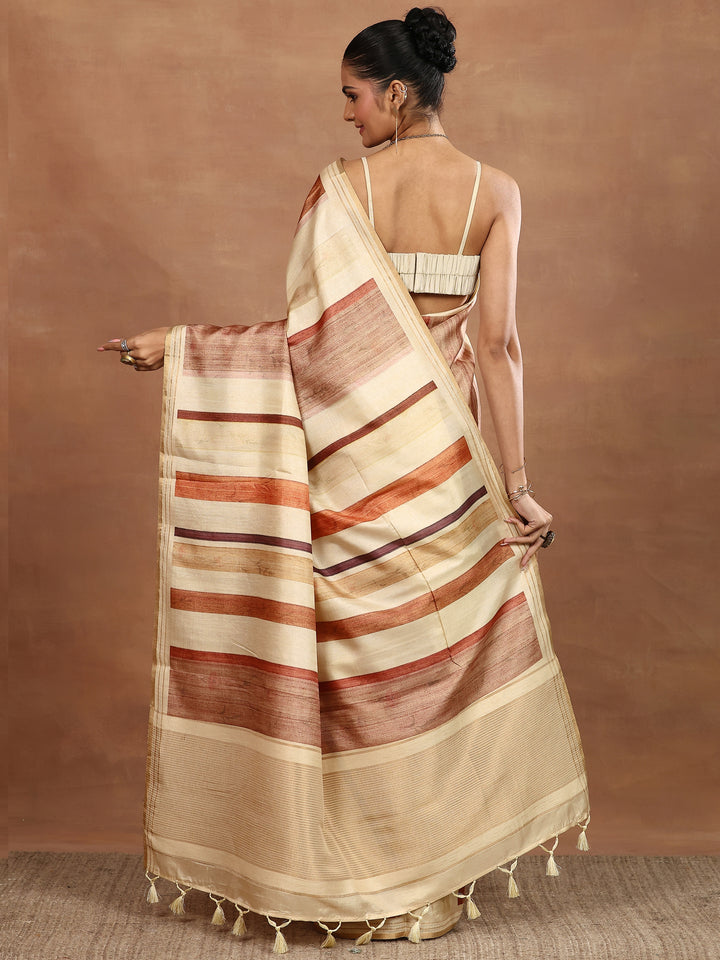 Beige Printed Silk Blend Sarees With Unstitched Blouse Piece