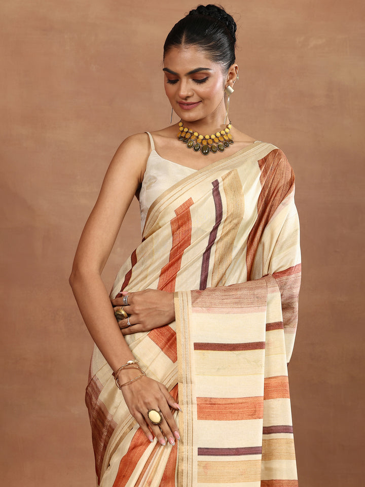 Beige Printed Silk Blend Sarees With Unstitched Blouse Piece