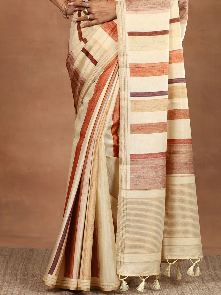 Beige Printed Silk Blend Sarees With Unstitched Blouse Piece