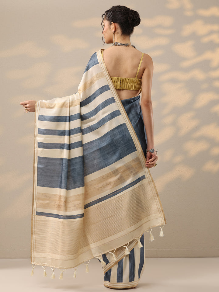 Beige Printed Silk Blend Saree With Unstitched Blouse Piece