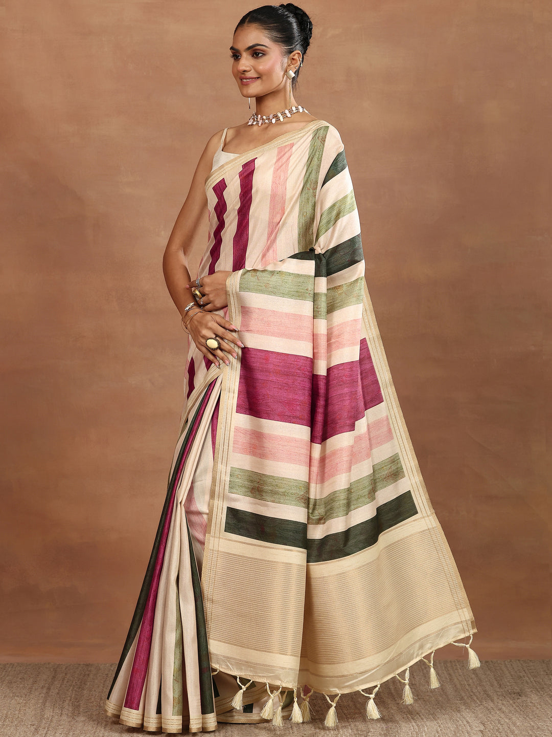 Beige Printed Silk Blend Sarees With Unstitched Blouse Piece