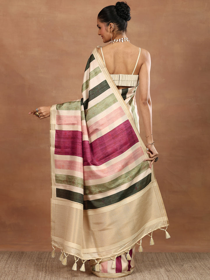 Beige Printed Silk Blend Sarees With Unstitched Blouse Piece