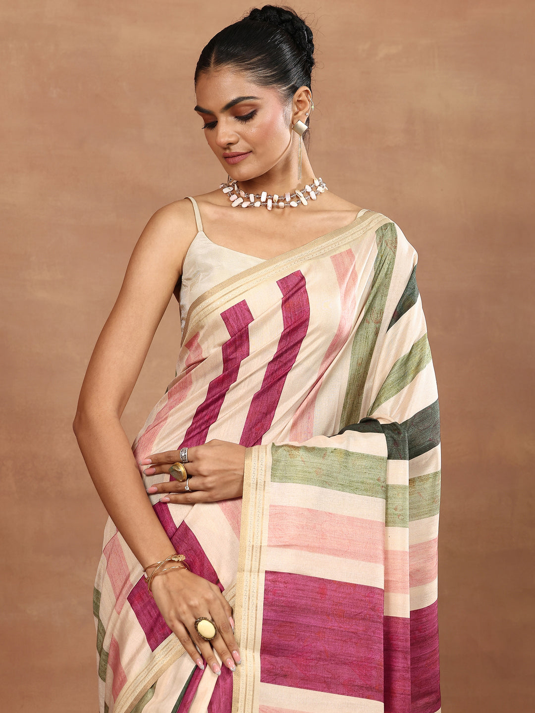 Beige Printed Silk Blend Sarees With Unstitched Blouse Piece