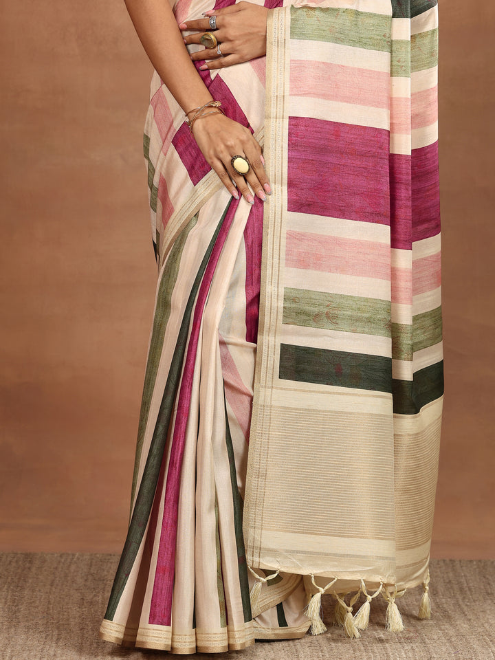 Beige Printed Silk Blend Sarees With Unstitched Blouse Piece