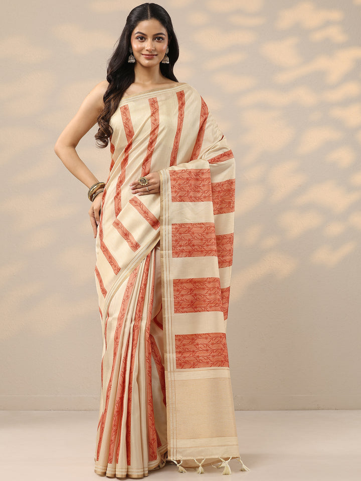 Beige Printed Silk Blend Saree With Unstitched Blouse Piece