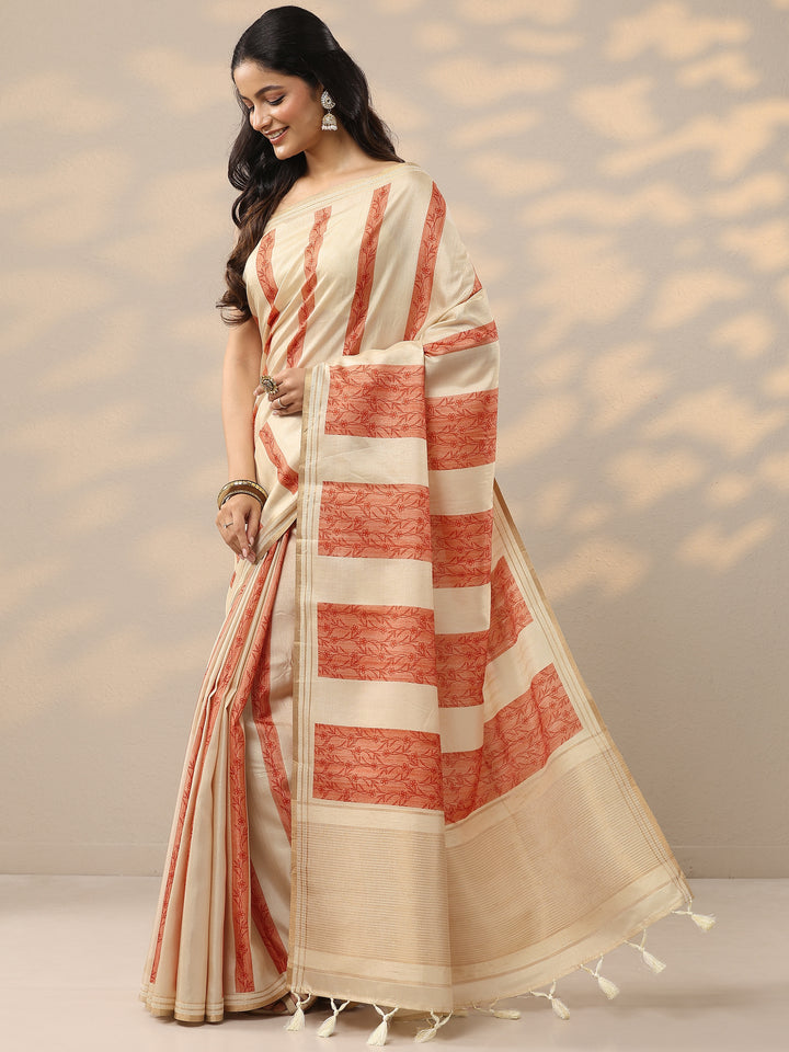 Beige Printed Silk Blend Saree With Unstitched Blouse Piece