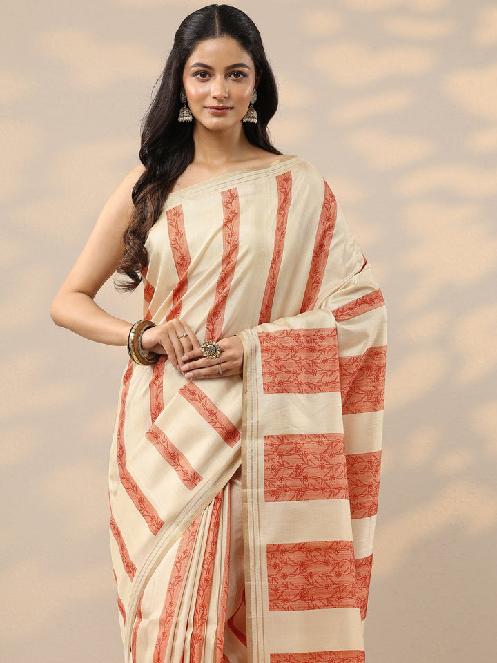 Beige Printed Silk Blend Saree With Unstitched Blouse Piece