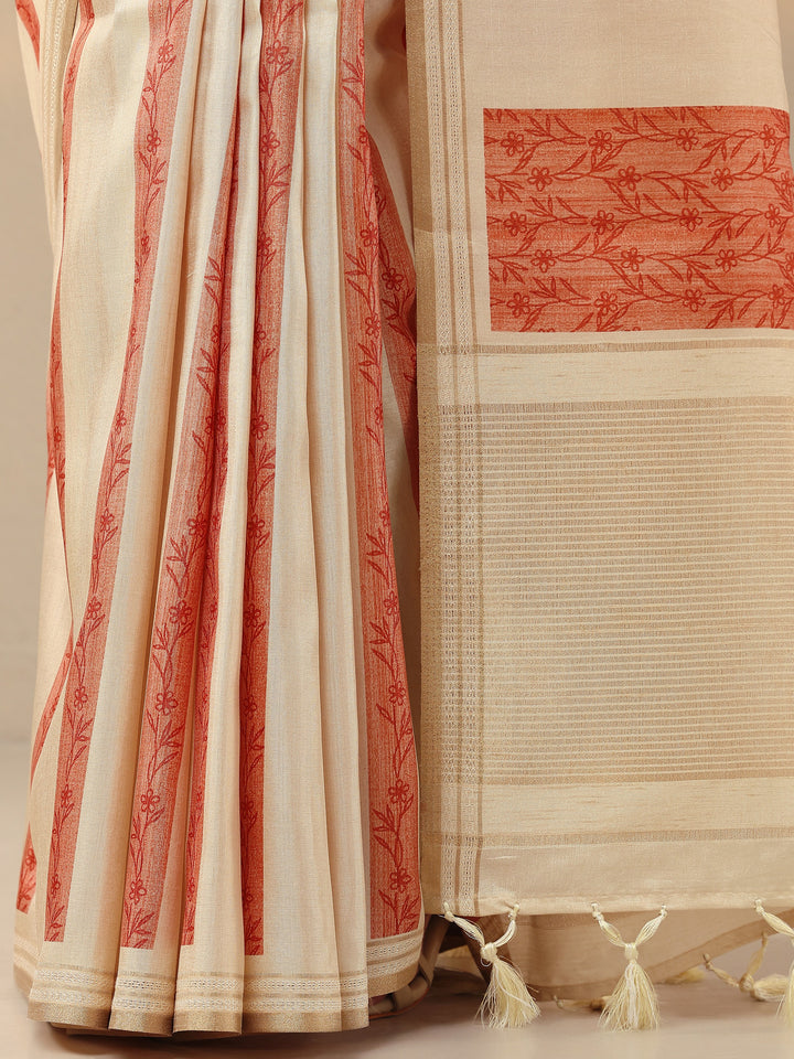 Beige Printed Silk Blend Saree With Unstitched Blouse Piece