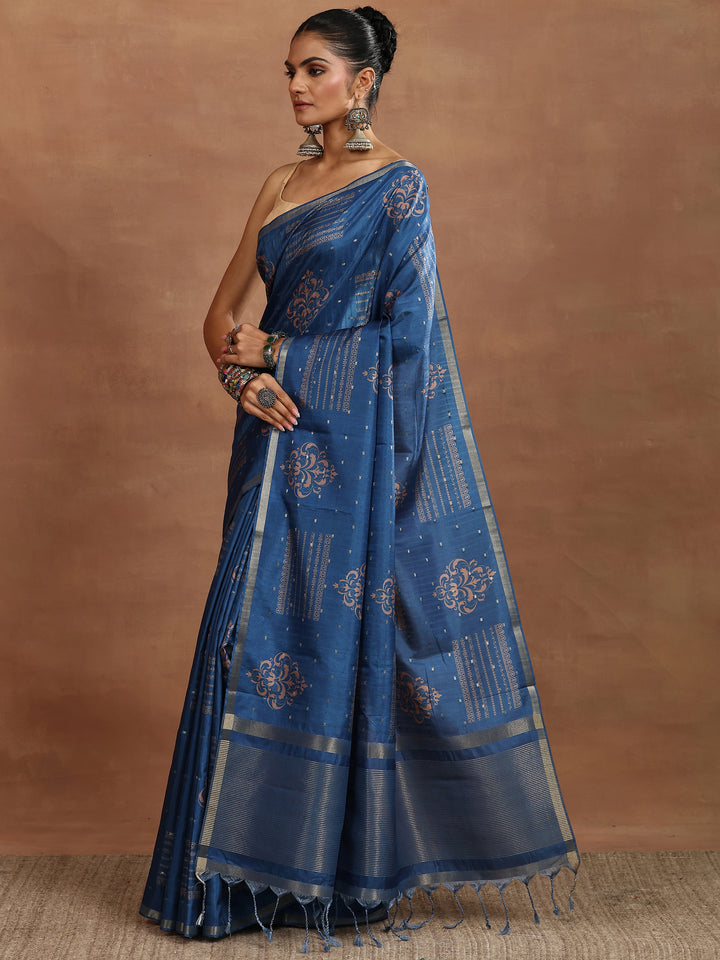 Blue Printed Silk Blend Sarees With Unstitched Blouse Piece