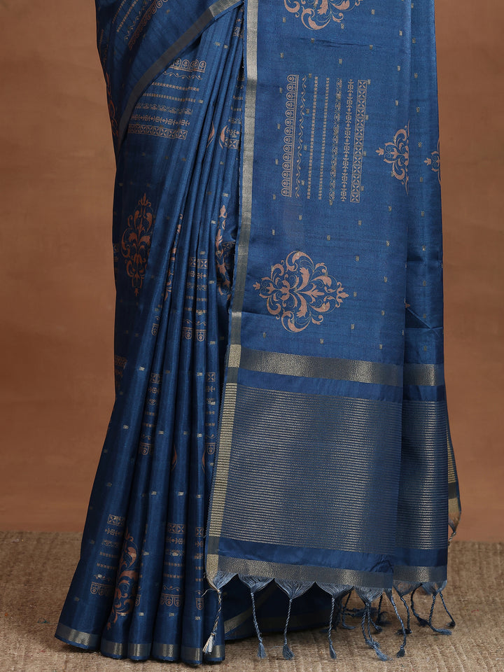Blue Printed Silk Blend Sarees With Unstitched Blouse Piece