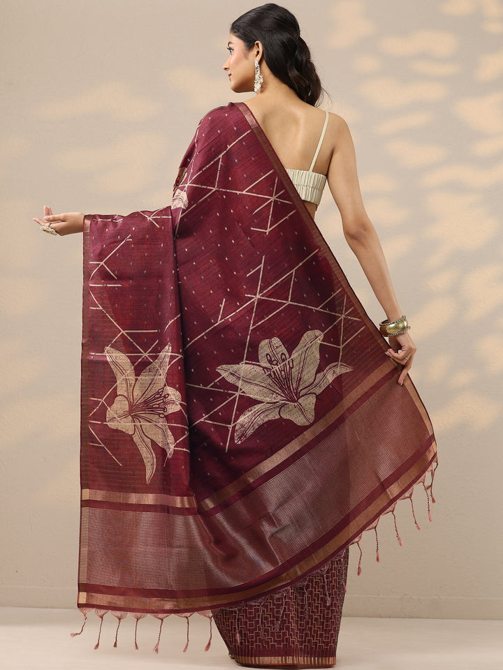 Red Printed Silk Blend Saree With Unstitched Blouse Piece