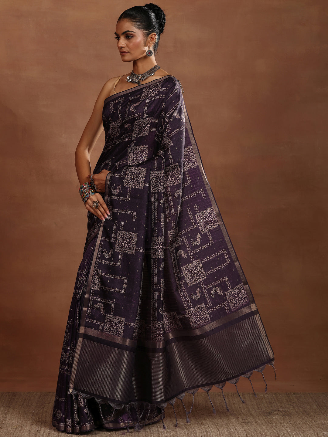 Purple Printed Silk Blend Sarees With Unstitched Blouse Piece