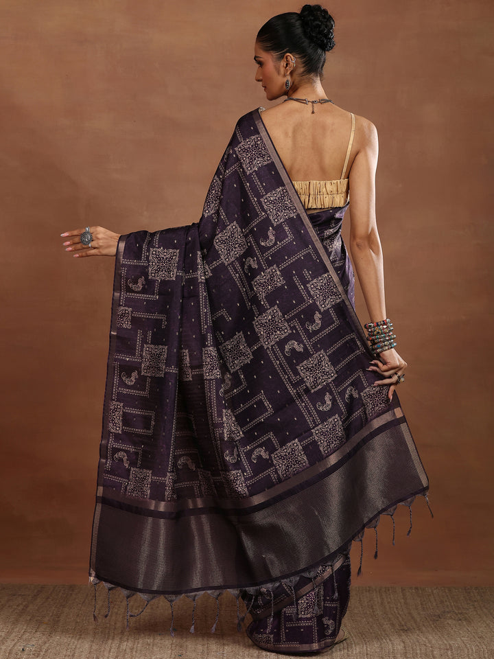 Purple Printed Silk Blend Sarees With Unstitched Blouse Piece