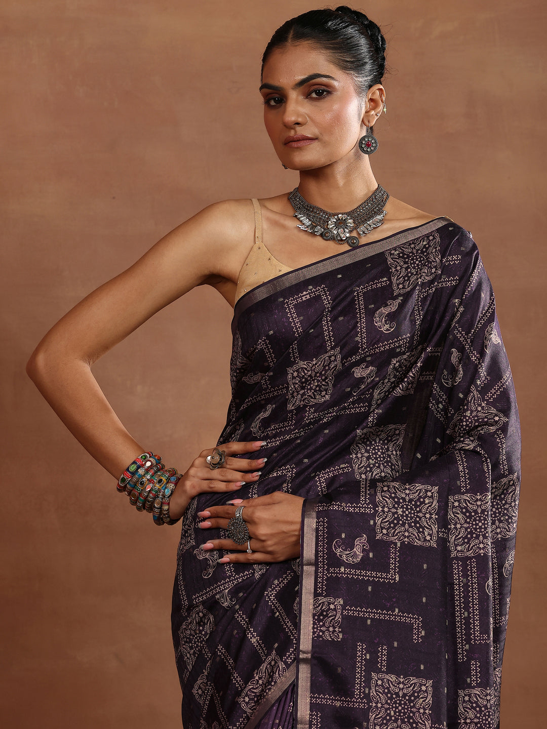 Purple Printed Silk Blend Sarees With Unstitched Blouse Piece