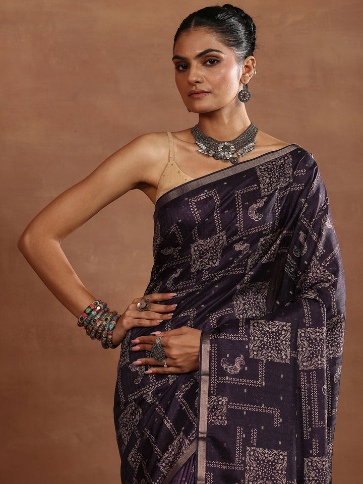 Purple Printed Silk Blend Sarees With Unstitched Blouse Piece
