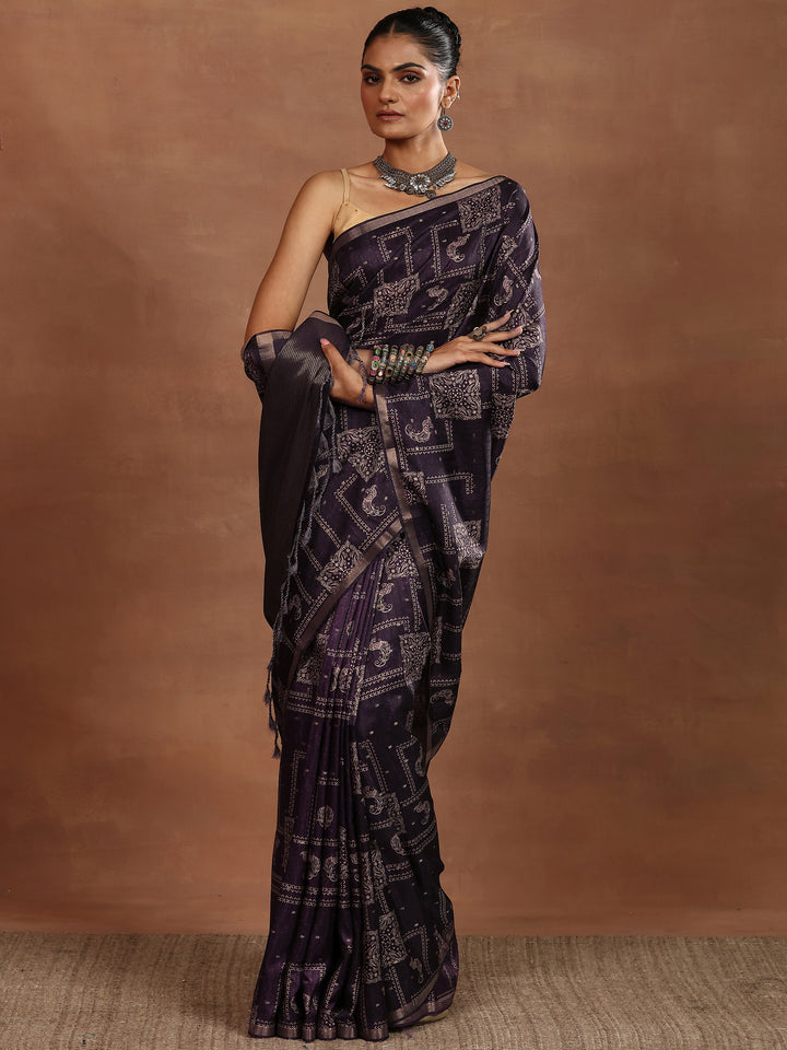 Purple Printed Silk Blend Sarees With Unstitched Blouse Piece