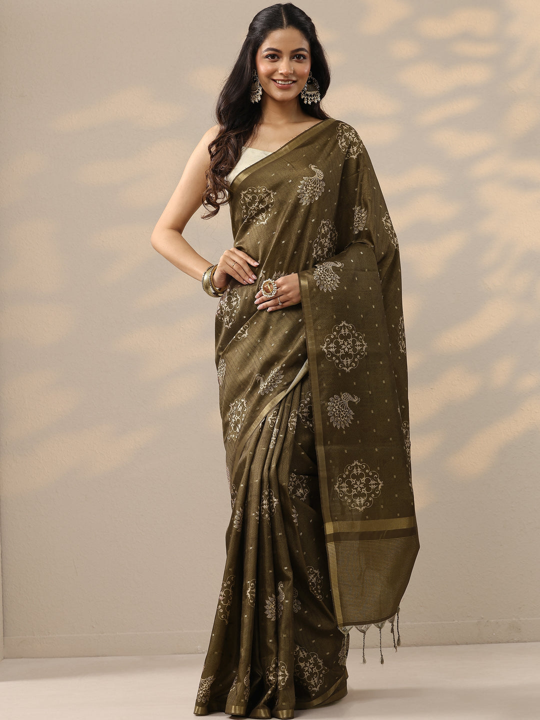 Olive Printed Silk Blend Sarees With Unstitched Blouse Piece