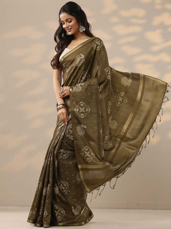 Olive Printed Silk Blend Sarees With Unstitched Blouse Piece