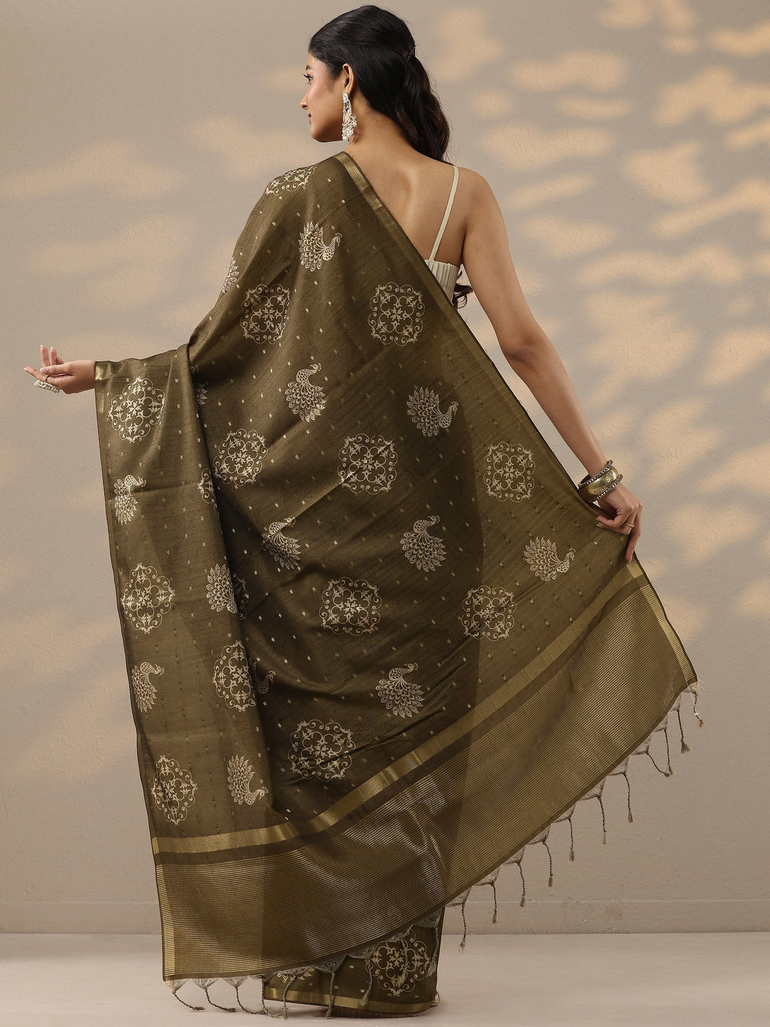 Olive Printed Silk Blend Sarees With Unstitched Blouse Piece