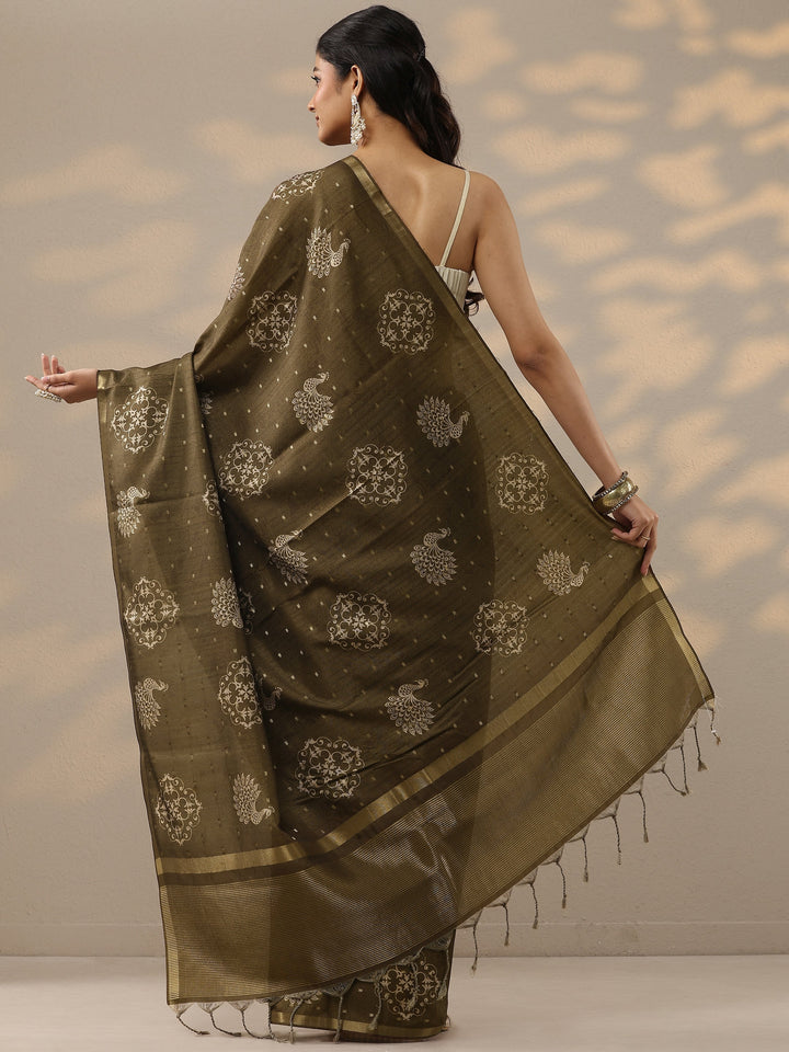 Olive Printed Silk Blend Sarees With Unstitched Blouse Piece