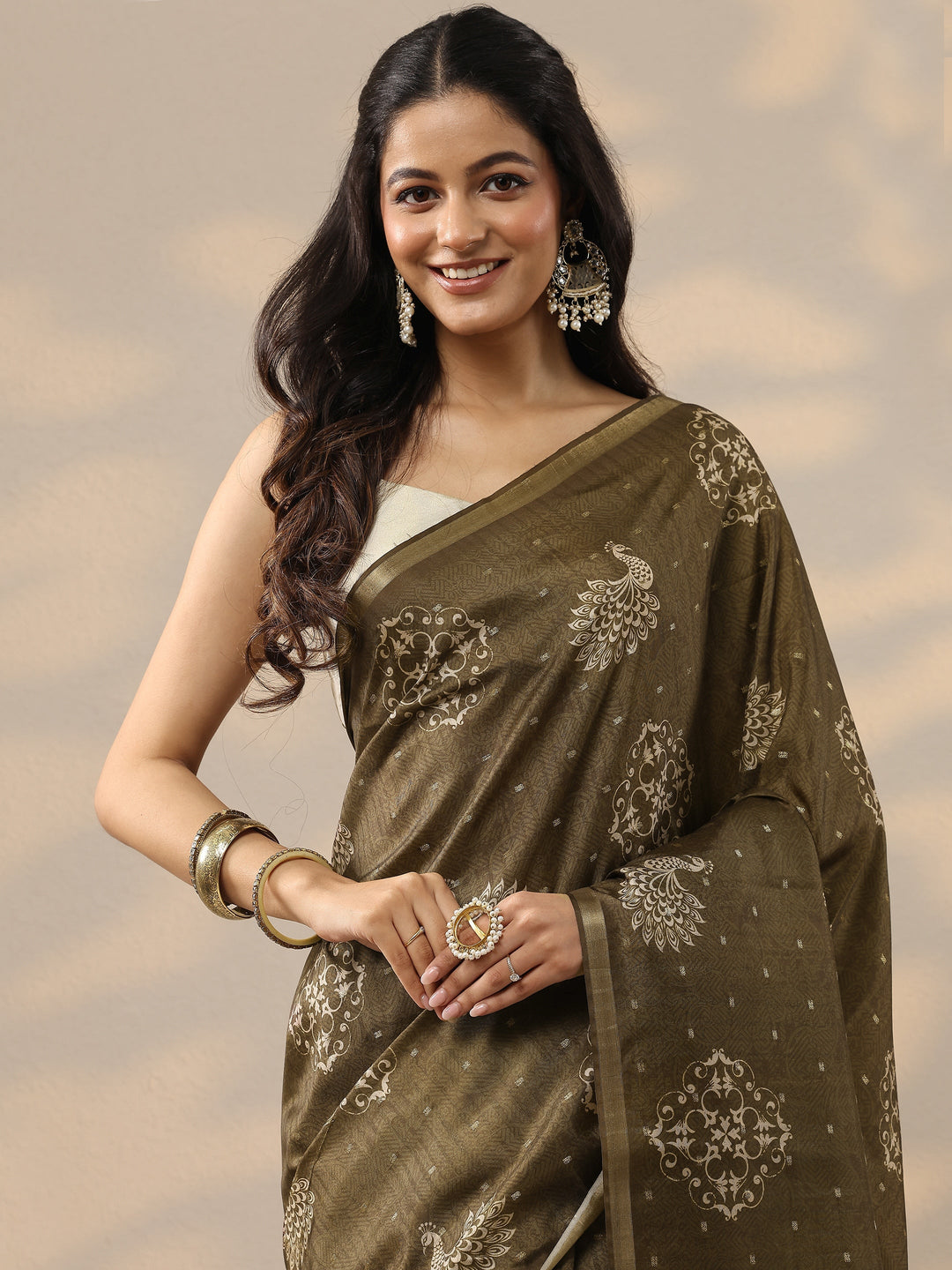 Olive Printed Silk Blend Sarees With Unstitched Blouse Piece