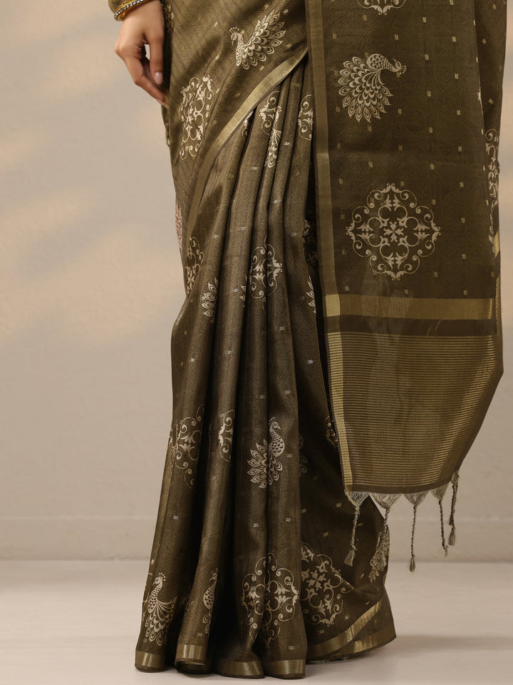 Olive Printed Silk Blend Sarees With Unstitched Blouse Piece
