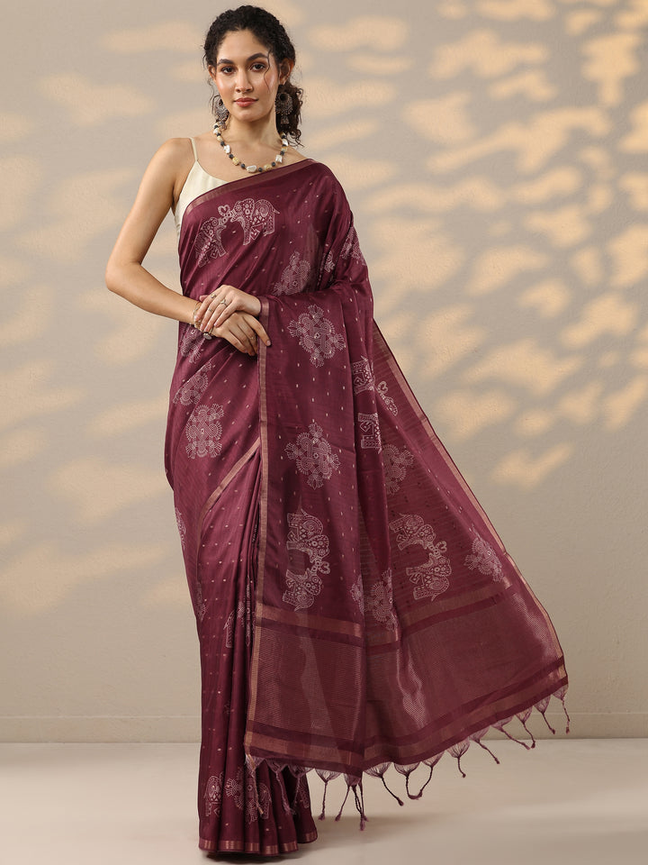 Red Printed Silk Blend Sarees With Unstitched Blouse Piece