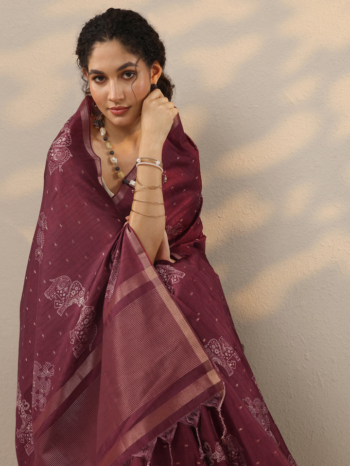 Red Printed Silk Blend Sarees With Unstitched Blouse Piece