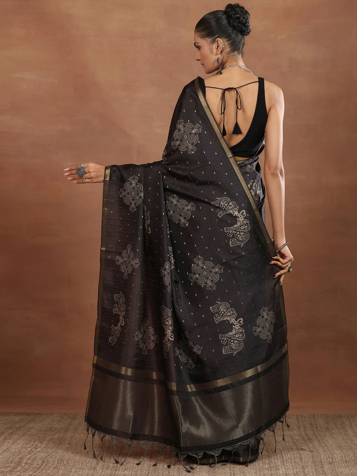 Grey Printed Silk Blend Sarees With Unstitched Blouse Piece