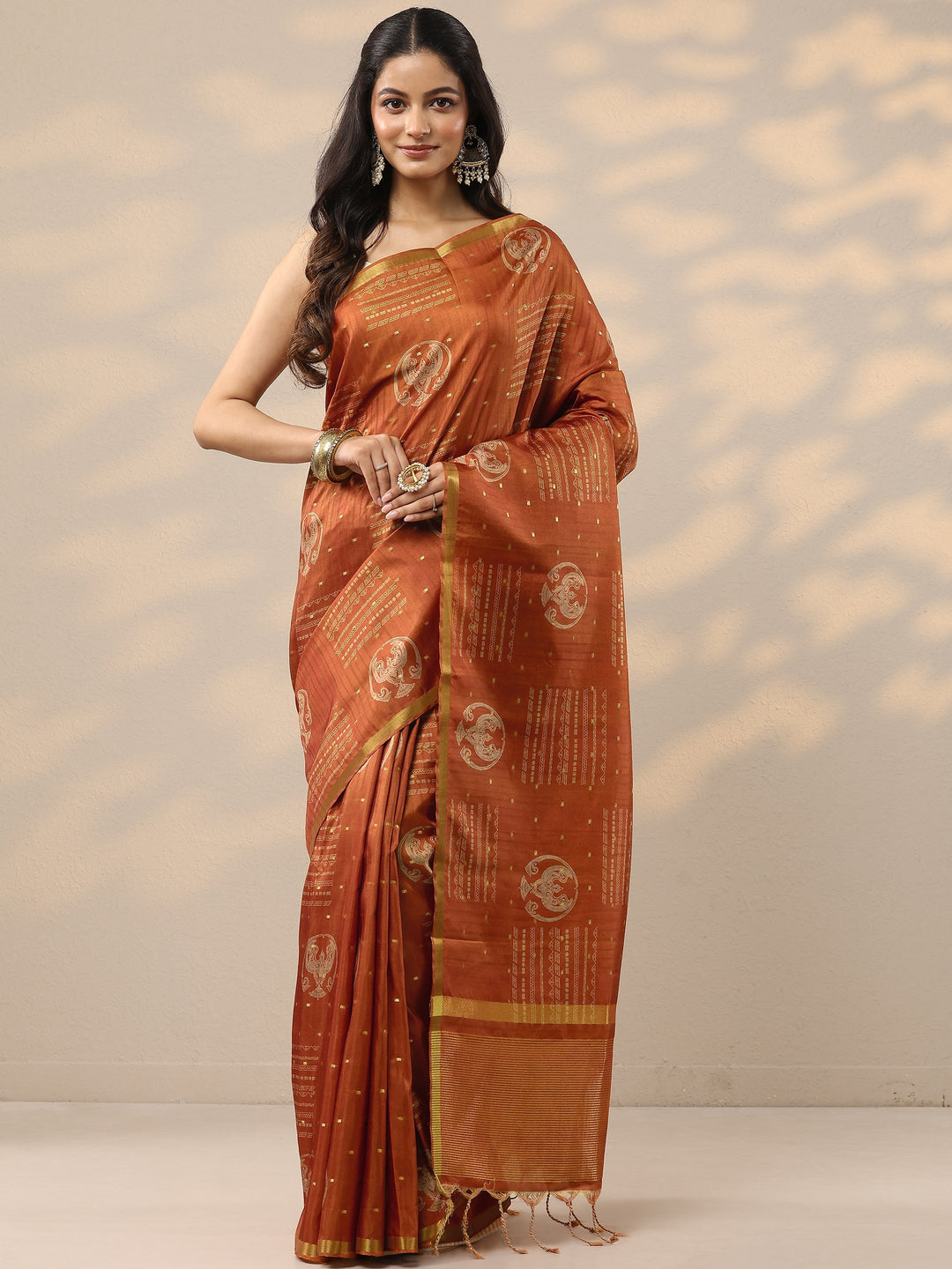 Orange Printed Silk Blend Sarees With Unstitched Blouse Piece
