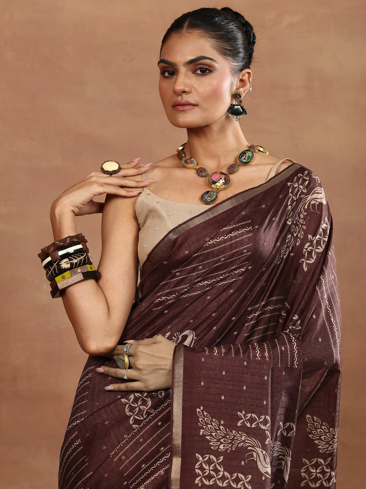 Brown Printed Silk Blend Saree With Unstitched Blouse Piece