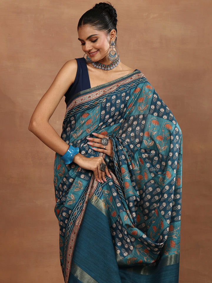 Green Printed Silk Blend Saree With Unstitched Blouse Piece