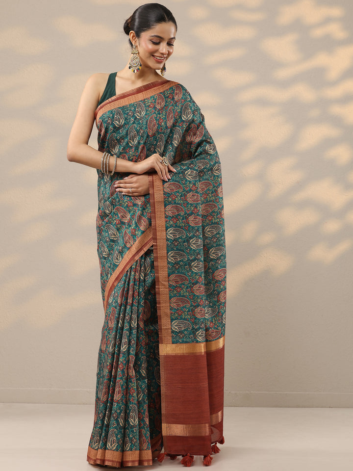 Green Printed Silk Blend Saree With Unstitched Blouse Piece