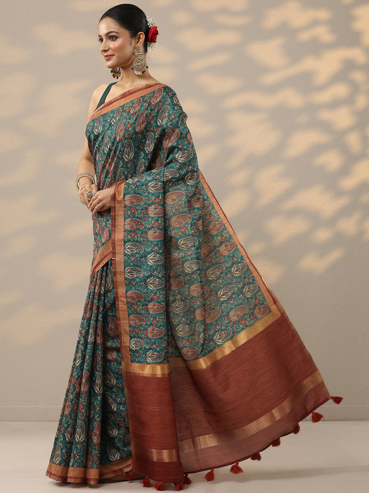 Green Printed Silk Blend Saree With Unstitched Blouse Piece
