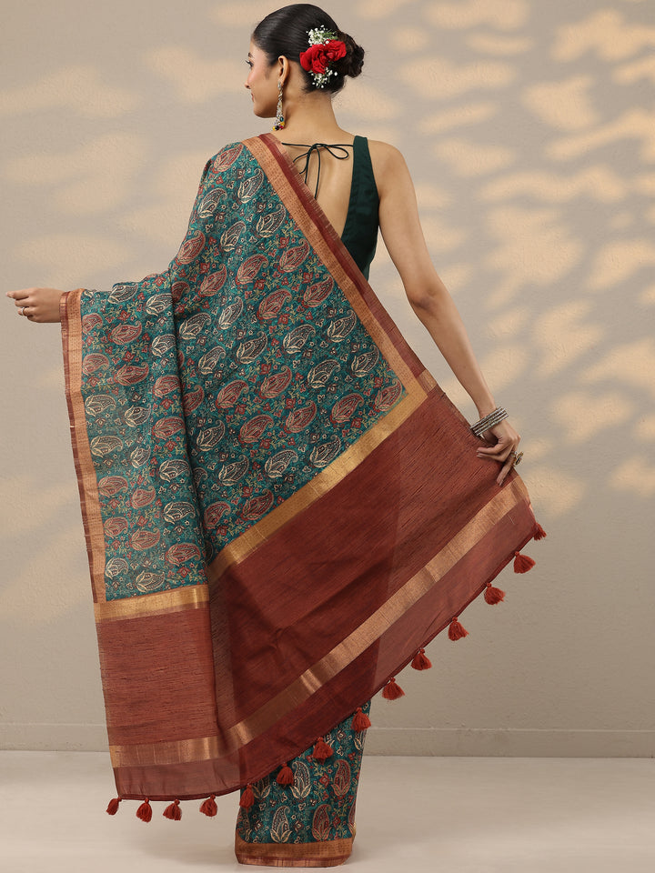 Green Printed Silk Blend Saree With Unstitched Blouse Piece