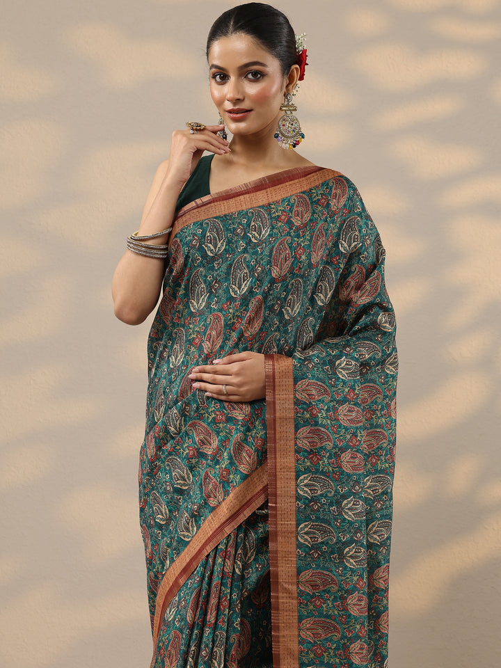 Green Printed Silk Blend Saree With Unstitched Blouse Piece
