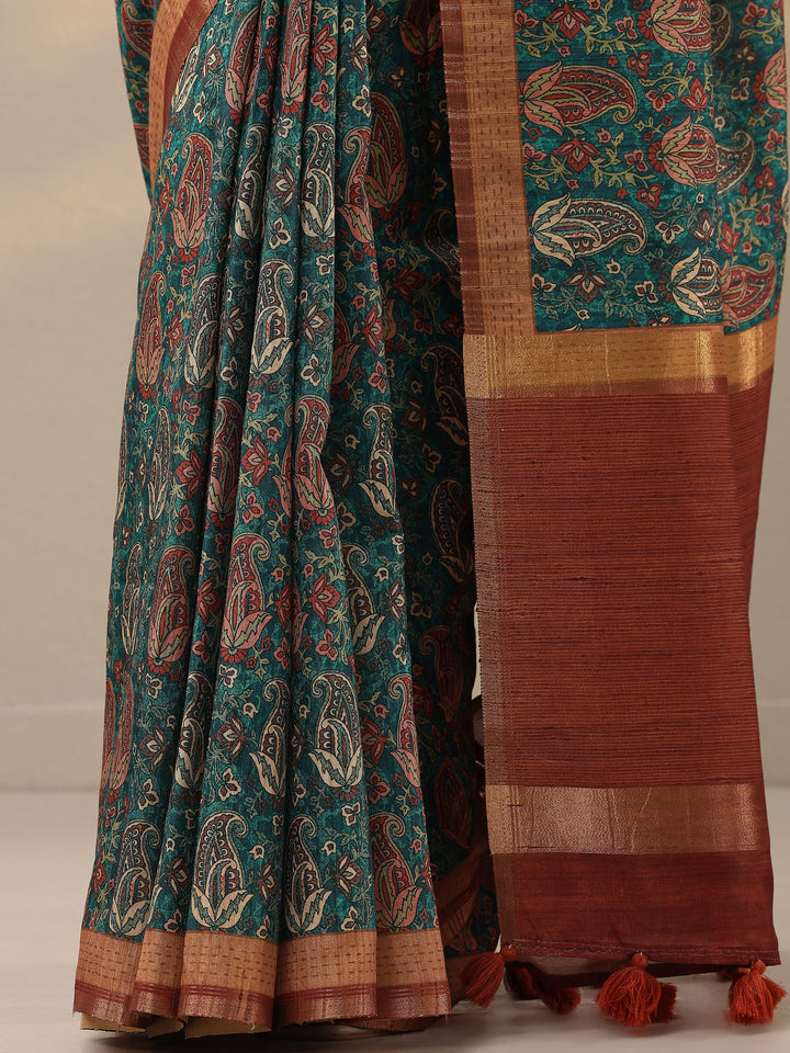 Green Printed Silk Blend Saree With Unstitched Blouse Piece