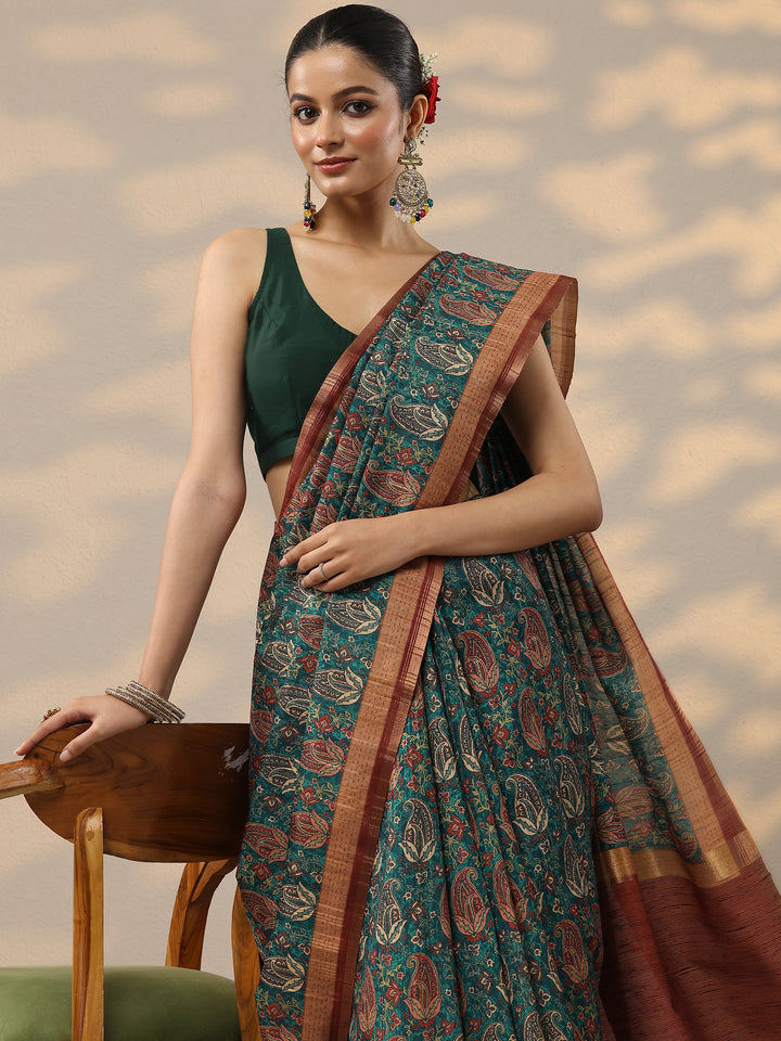 Green Printed Silk Blend Saree With Unstitched Blouse Piece