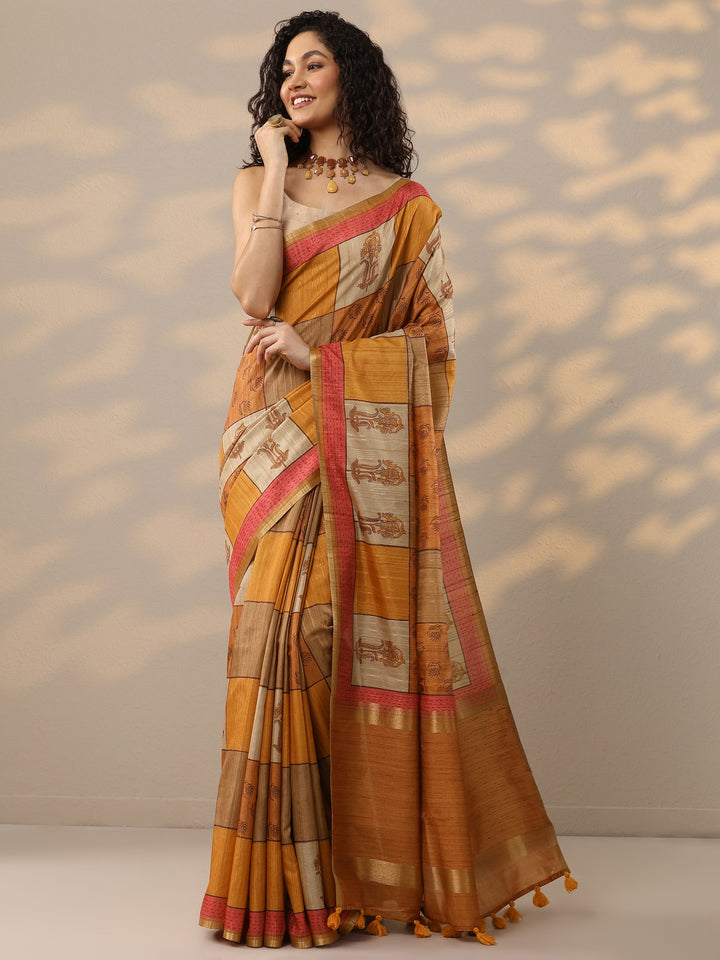 Orange Printed Silk Blend Saree With Unstitched Blouse Piece