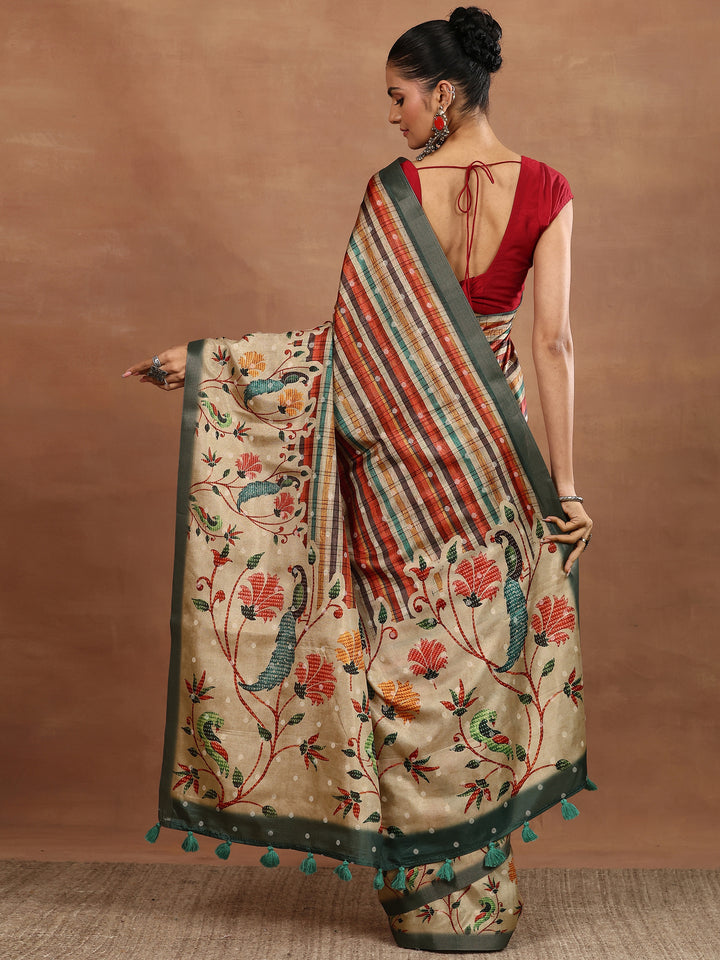Multi Printed Silk Blend Sarees With Unstitched Blouse Piece